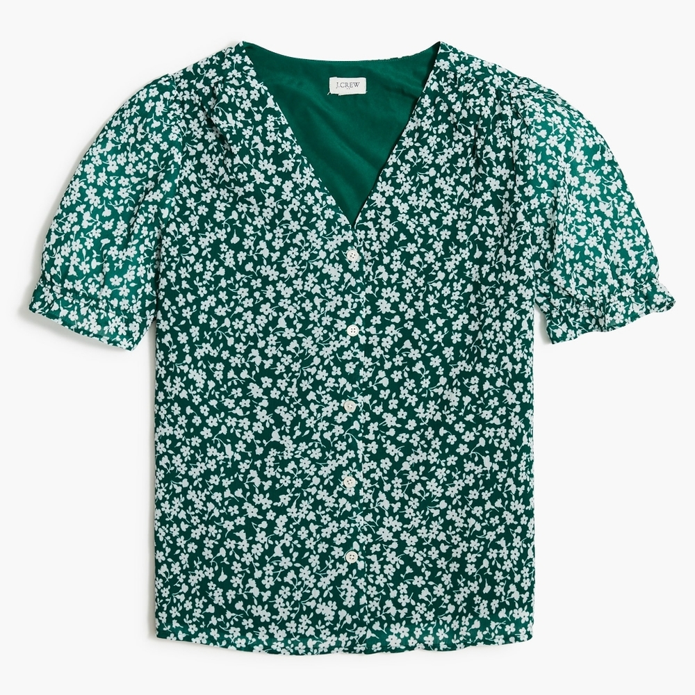 J. Crew Factory Puff-Sleeve V-Neck Top in Green Floral Size XS